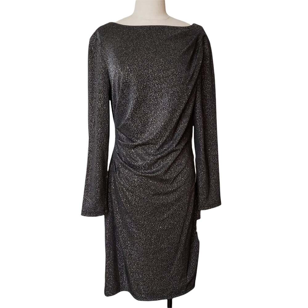 Eliza J Dress Womens 14 Black Silver Shimmer Gathered Draped Sheath New